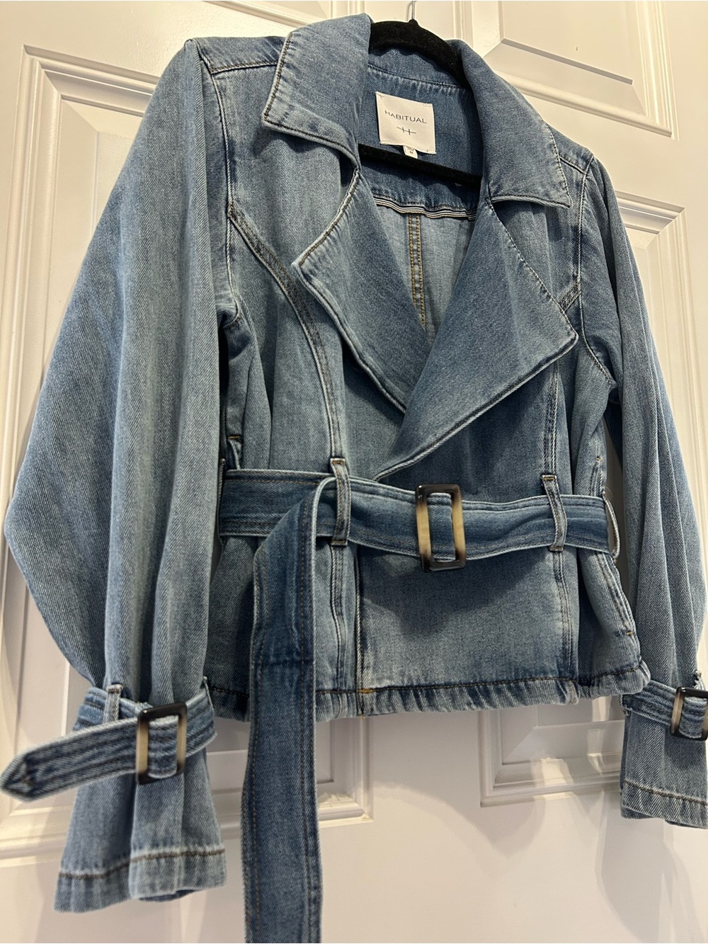 Habitual Wrap Tie Cropped Moto Trench Medium Wash Blue Jean Denim Belted Jacket - Picture 3 of 8